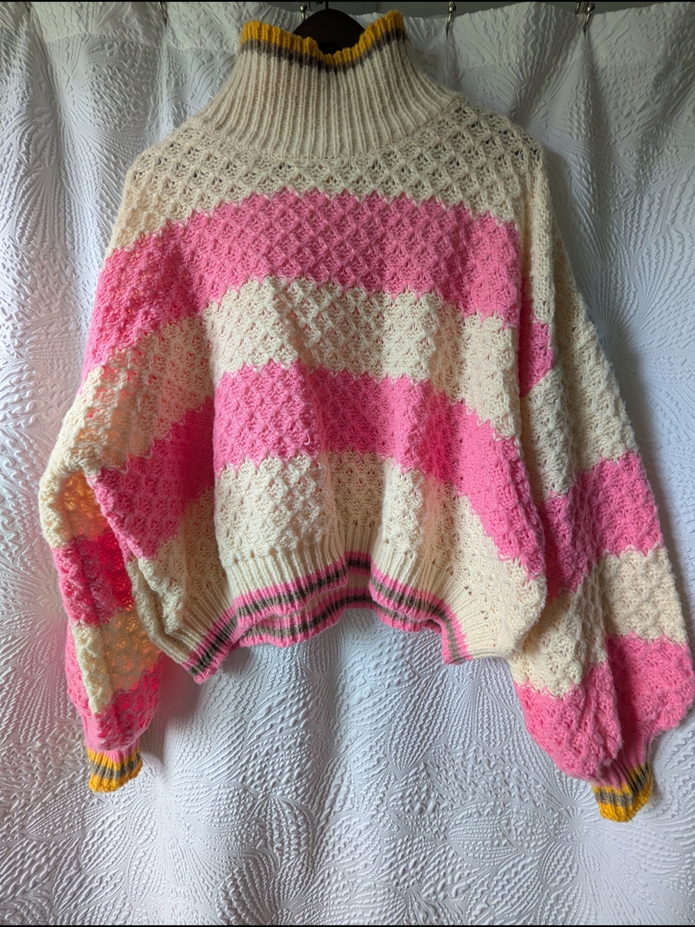 heyday Pink and Cream Striped Turtleneck Sweater with Yellow Trim